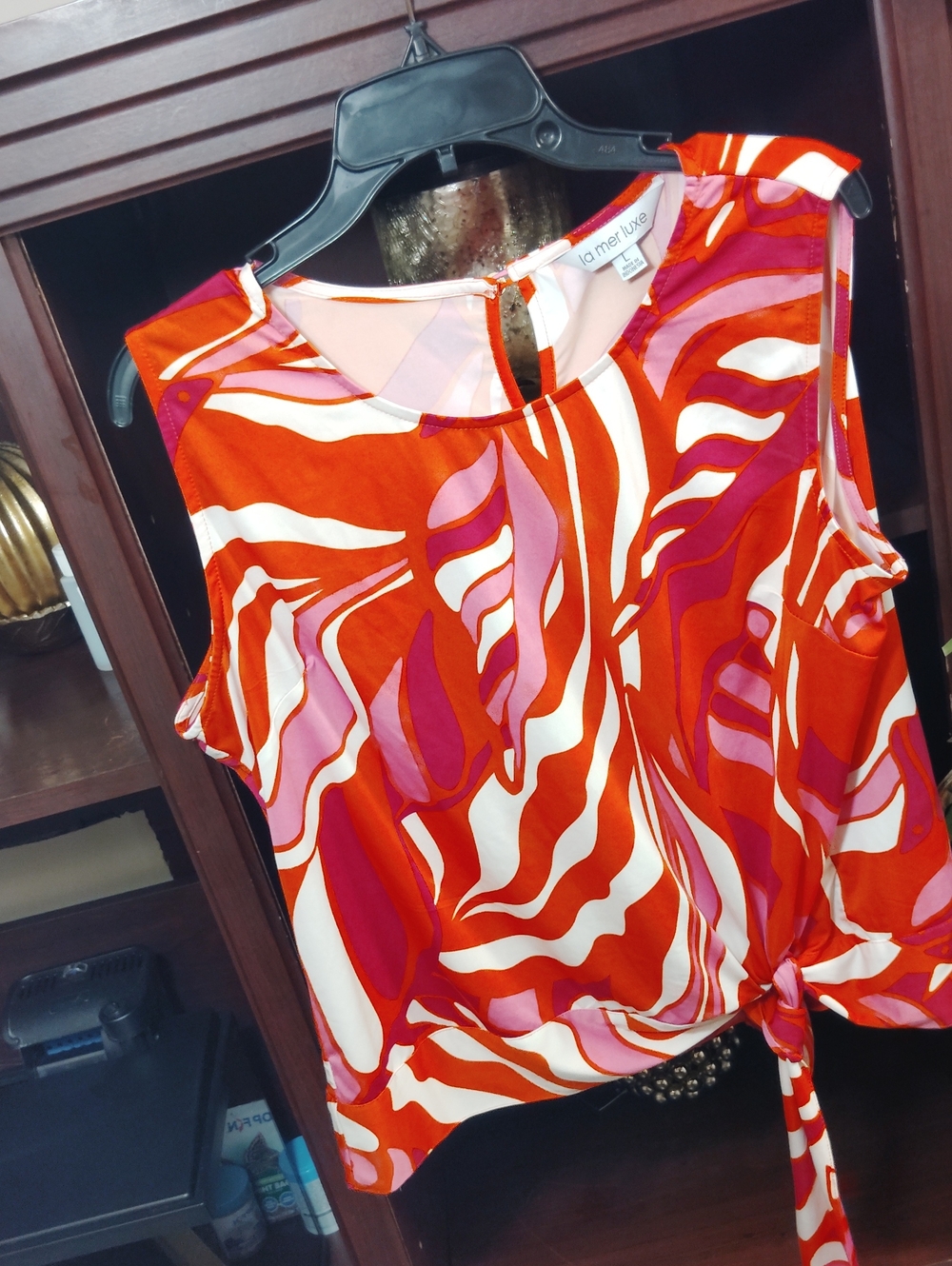 La Mer Luxe Red-Pink Abstract Tie-Front Camisole